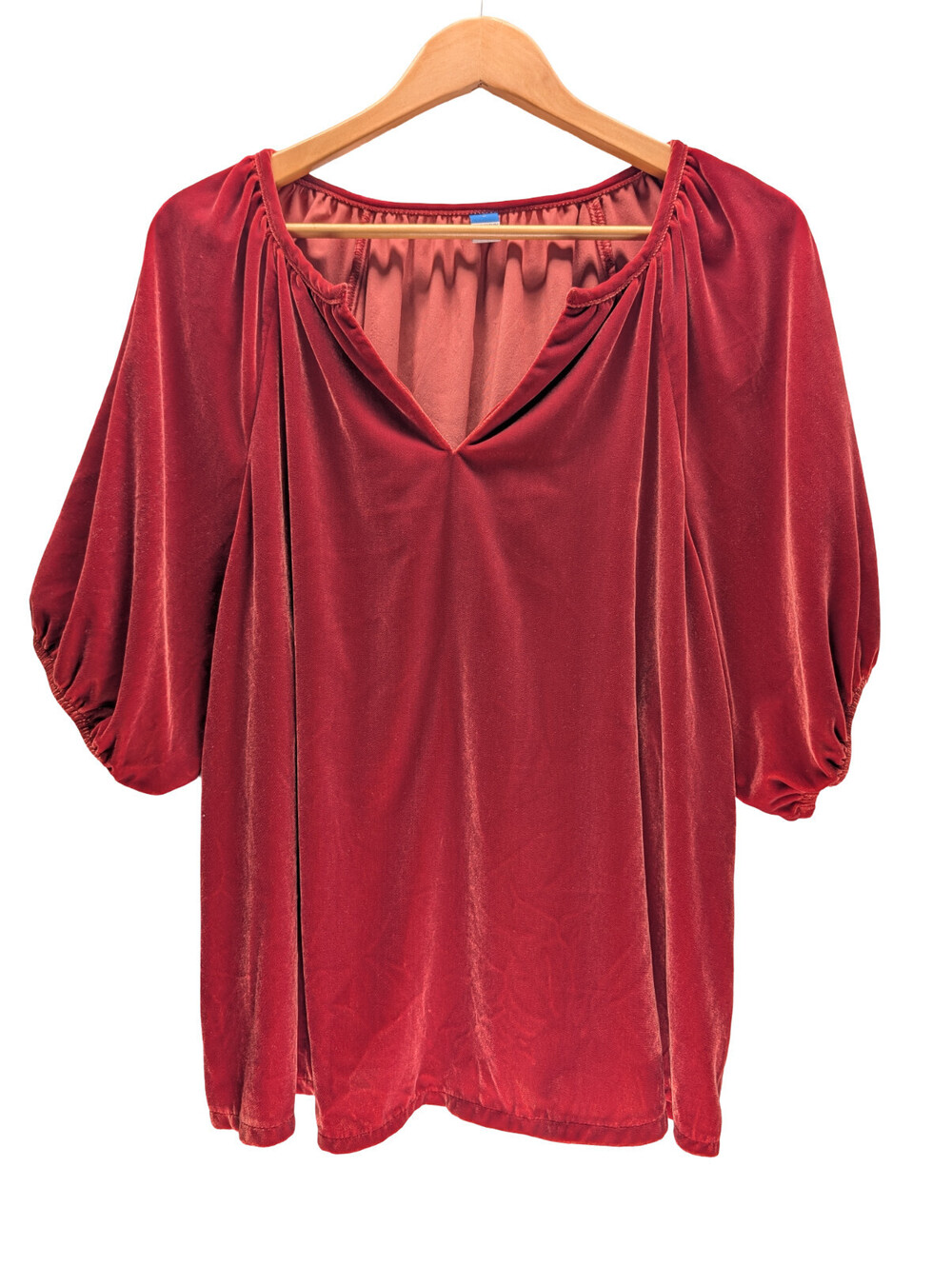 Old Navy Blouse Velvet V-Neck Puff Sleeve Red Burgundy Top